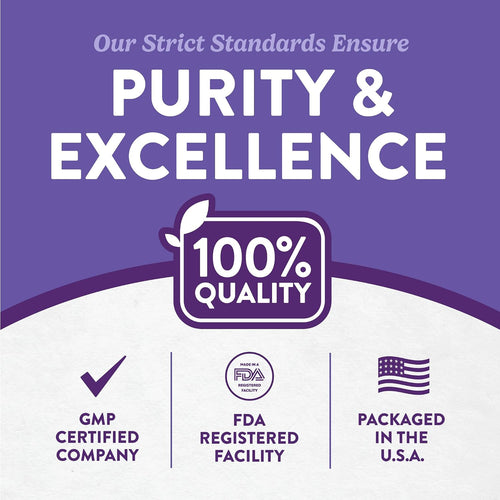 Infographic stating 100% quality, GMP certified company, FDA registered facility, packaged in the U.S.A.