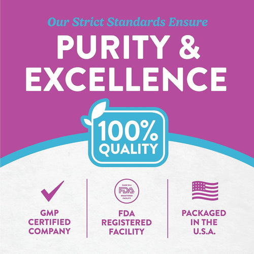 Infographic showing purity, excellence, 100% quality, GMP certified company, FDA registered facility, packaged in the USA.