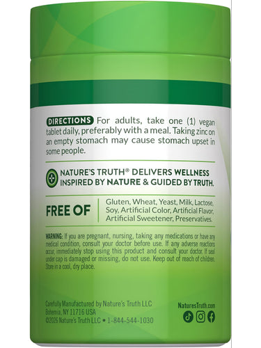 NT Zinc Gluconate 50 mg bottle with 100 tablets.