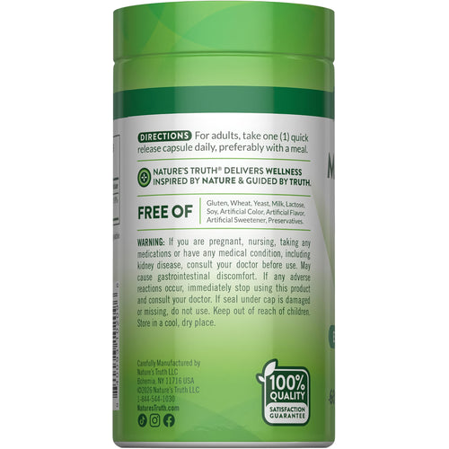 Magnesium Oxide bottle with icons indicating gluten-free, wheat-free, yeast-free, milk-free, lactose-free, soy-free, no artificial additives.