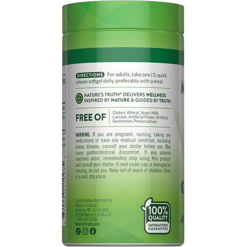 NT Magnesium 400 mg 60+12 Softgels bottle showing back label with supplement information.