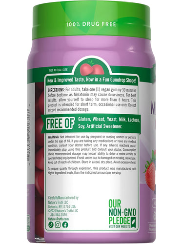 Melatonin Gummies bottle with icons indicating gluten, wheat, yeast, milk, lactose, soy, and artificial sweetener free; Non-GMO.