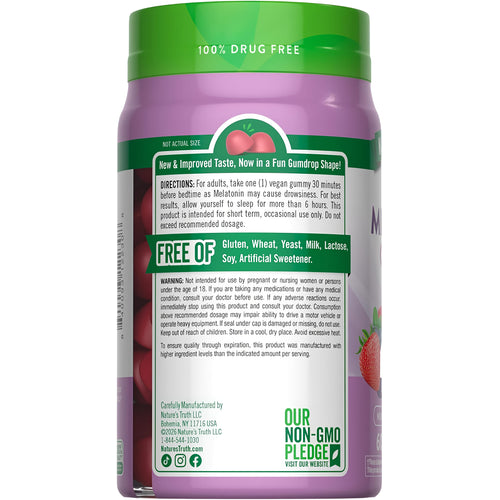 Melatonin Gummies bottle with icons indicating gluten, wheat, yeast, milk, lactose, soy, and artificial sweetener free; Non-GMO.