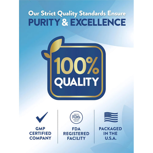 Infographic describing a 100% quality, GMP certified company with FDA registered facility, packaged in the U.S.A.