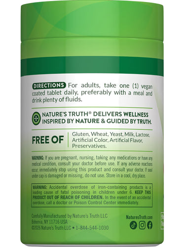 Iron 65 mg tablets, take 1 vegan tablet daily. Free from gluten, wheat, milk, artificial colors, flavors, and preservatives.
