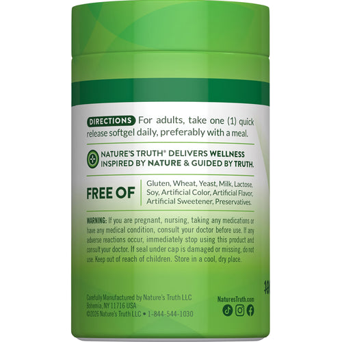 D3 Softgels bottle with icons indicating Gluten/Wheat, Yeast, Milk/Lactose, Soy Free, no Artificial Color/Flavor/Sweetener/Preservatives.