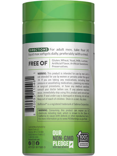 NT Testosterone Power softgels back label with directions: take 4 daily. Free of allergens and additives. Non-GMO, 100% quality.