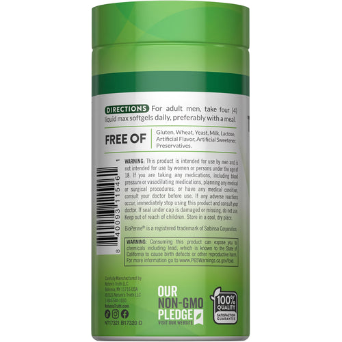 NT Testosterone Power softgels back label with directions: take 4 daily. Free of allergens and additives. Non-GMO, 100% quality.