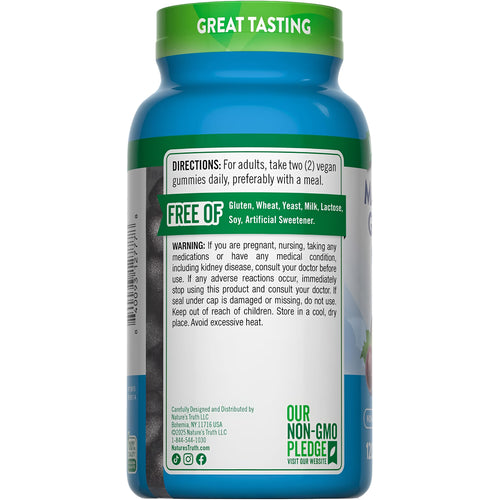 NT Magnesium Glycinate 120 Gummies, free of gluten, wheat, yeast, milk, lactose, soy, artificial sweetener. Non-GMO.