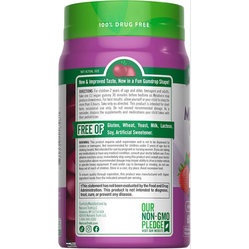 Bottle of Melatonin 1 mg gummies, 60 count, 100% drug-free, fun gumdrop shape, non-GMO, for sleep support.