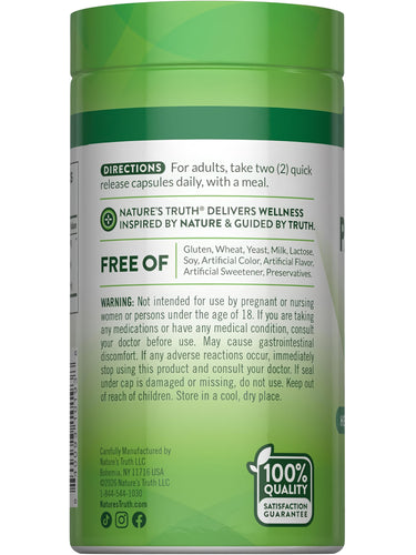 Nature's Truth Saw Palmetto 2400 mg 120 Capsules bottle, providing directions and a 100% Quality Satisfaction Guarantee.