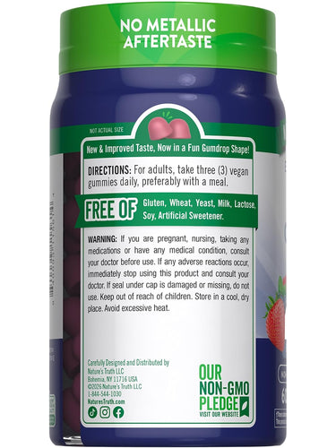 NT Zinc 50 mg 60 Gummies: No metallic aftertaste. Free from gluten, wheat, yeast, milk, lactose, soy, and artificial sweeteners.