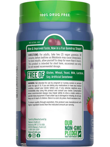 Melatonin bottle with icons indicating Gluten Free, Wheat Free, Yeast Free, Milk Free, Lactose Free, Soy Free, Non-GMO.