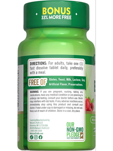 NT Biotin 10,000 mcg 90+30 fast dissolve tablets, includes bonus 33% more free.