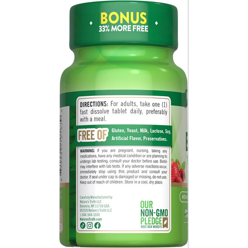 NT Biotin 10,000 mcg 90+30 fast dissolve tablets, includes bonus 33% more free.