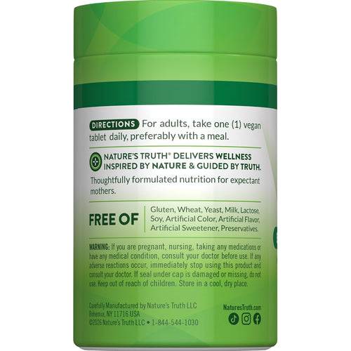 Folic Acid bottle with icons indicating Gluten & Wheat Free, Yeast Free, Milk & Lactose Free, Soy Free, No Artificial Additives