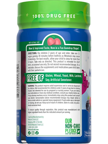 NT Kids Melatonin 1 mg 40 Gummies. Back label reads: 100% Drug Free. Free of gluten, milk, soy, artificial sweetener.