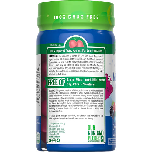 View 7 NT Kids Melatonin 1 mg 40 Gummies. Back label reads: 100% Drug Free. Free of gluten, milk, soy, artificial sweetener.