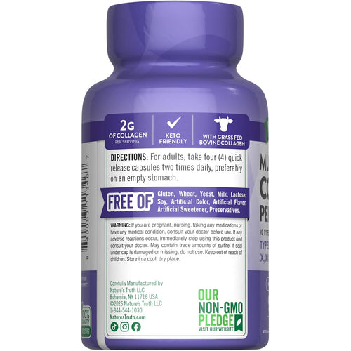 NT Multi Collagen Protein capsules offer 2g of collagen per serving, are keto friendly, and contain grass-fed bovine collagen.