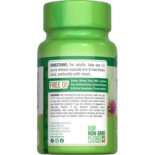 Milk Thistle bottle with icons indicating gluten, wheat, yeast, milk, lactose, soy free, and no artificial colors, flavors, or GMOs.