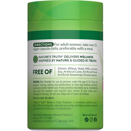 Nature's Truth Women's Daily Probiotic + Cranberry in a vegan capsule.