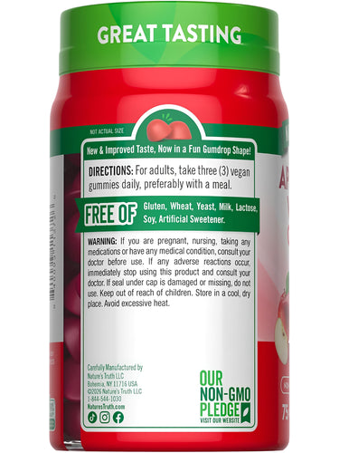 Apple Cider Vinegar bottle with icons indicating gluten free, wheat free, yeast free, milk and lactose free, soy free, non-GMO.