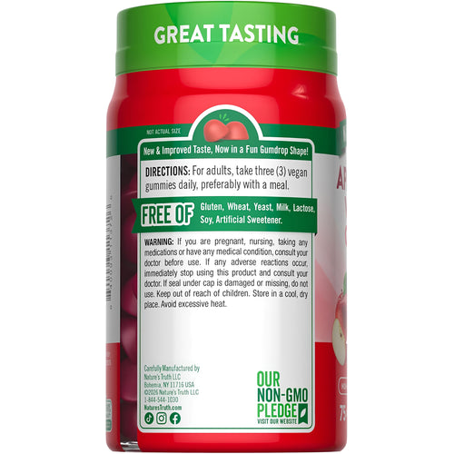 Apple Cider Vinegar bottle with icons indicating gluten free, wheat free, yeast free, milk and lactose free, soy free, non-GMO.
