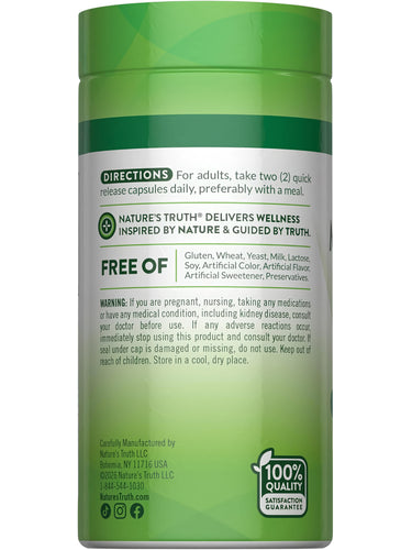 Back label of NT Magnesium Glycinate 60 Capsules showing directions, 'Free Of' ingredients list, and '100% Quality' badge.