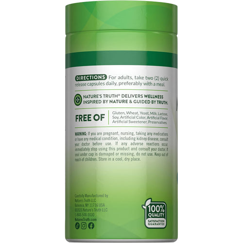 Back label of NT Magnesium Glycinate 60 Capsules showing directions, 'Free Of' ingredients list, and '100% Quality' badge.