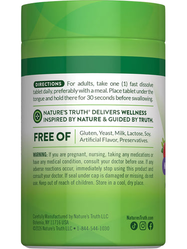 B-12 bottle with icons indicating Gluten Free, Yeast Free, Milk & Lactose Free, Soy Free, No Artificial Flavors/Preservatives.