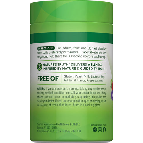 B-12 bottle with icons indicating Gluten Free, Yeast Free, Milk & Lactose Free, Soy Free, No Artificial Flavors/Preservatives.