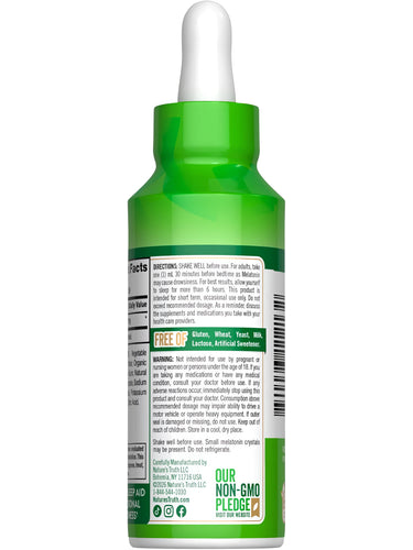NT Melatonin 10 mg 2 oz Liquid bottle, free of gluten, wheat, yeast, milk, lactose, and artificial sweetener.