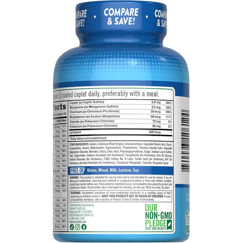 NT ABC Complete Mens Multi 100 Caplets bottle showing the Supplement Facts, ingredients, warnings, and 'Free Of' dietary claims.