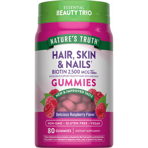 Nature's Truth Hair, Skin & Nails Gummies with Biotin 2,500 mcg, Raspberry flavor, Non-GMO, Gluten Free, Vegan, 80 count.