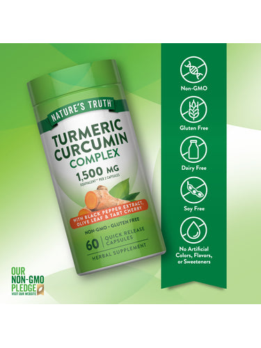 Turmeric Complex bottle with icons indicating: Non-GMO, Gluten Free, Dairy Free, Soy Free, No Artificial Colors/Flavors/Sweeteners.