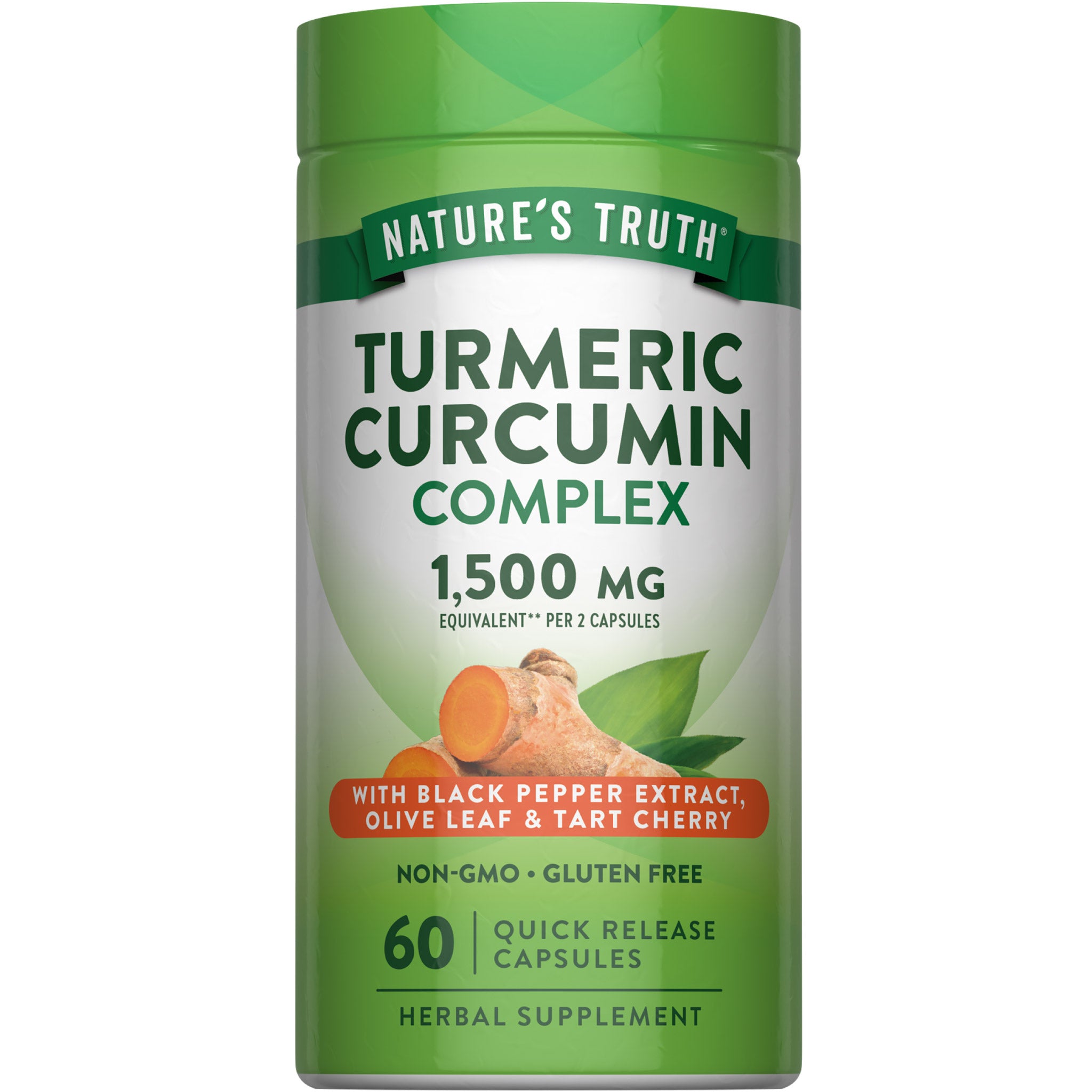 Turmeric Curcumin Complex 1,500 MG with Black Pepper, Olive Leaf, and Tart Cherry, 60 Capsules, Non-GMO and Gluten Free.