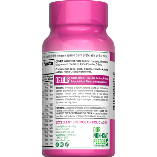 NT Prenatal Vits & Minerals 60 Capsules bottle. Free of Gluten, Wheat, Yeast, Milk, Lactose, Artificial Color, Artificial Flavor, Artificial Sweetener.