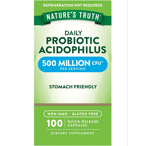 Hand holding Daily Probiotic Acidophilus 500 Million CFU, 100 Quick Release Capsules, showing bottle size.