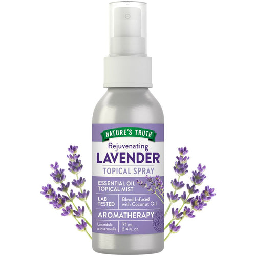 Rejuvenating Lavender Topical Spray Essential Oil Mist in a 71 mL (2.4 FL. OZ.) bottle shown in hand for scale.