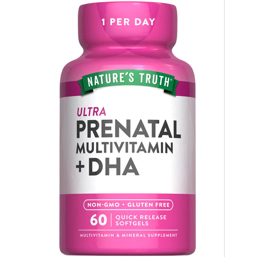 Nature's Truth Ultra Prenatal Multivitamin with DHA contains 60 quick release softgels for prenatal health support.