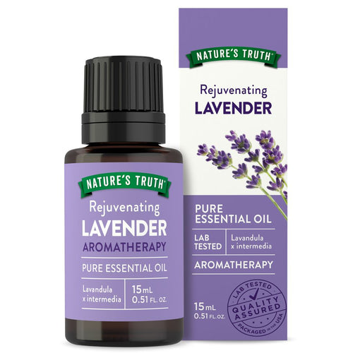 A 15 mL (0.51 FL. OZ.) bottle of lavender oil on a scale, highlighting its compact size and practical use for aromatherapy.