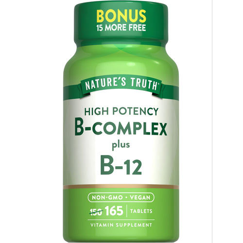 A bottle of High Potency B-Complex plus B-12 containing 165 tablets is shown on a hand scale.