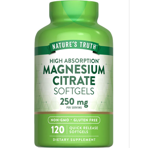 Hand holds a bulk supply of 120 Magnesium Citrate 250 mg quick release softgels.