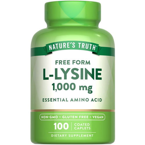 View 1 L-Lysine 1,000 mg coated caplets shown on a hand scale for size comparison, emphasizing supplement details and dosage.