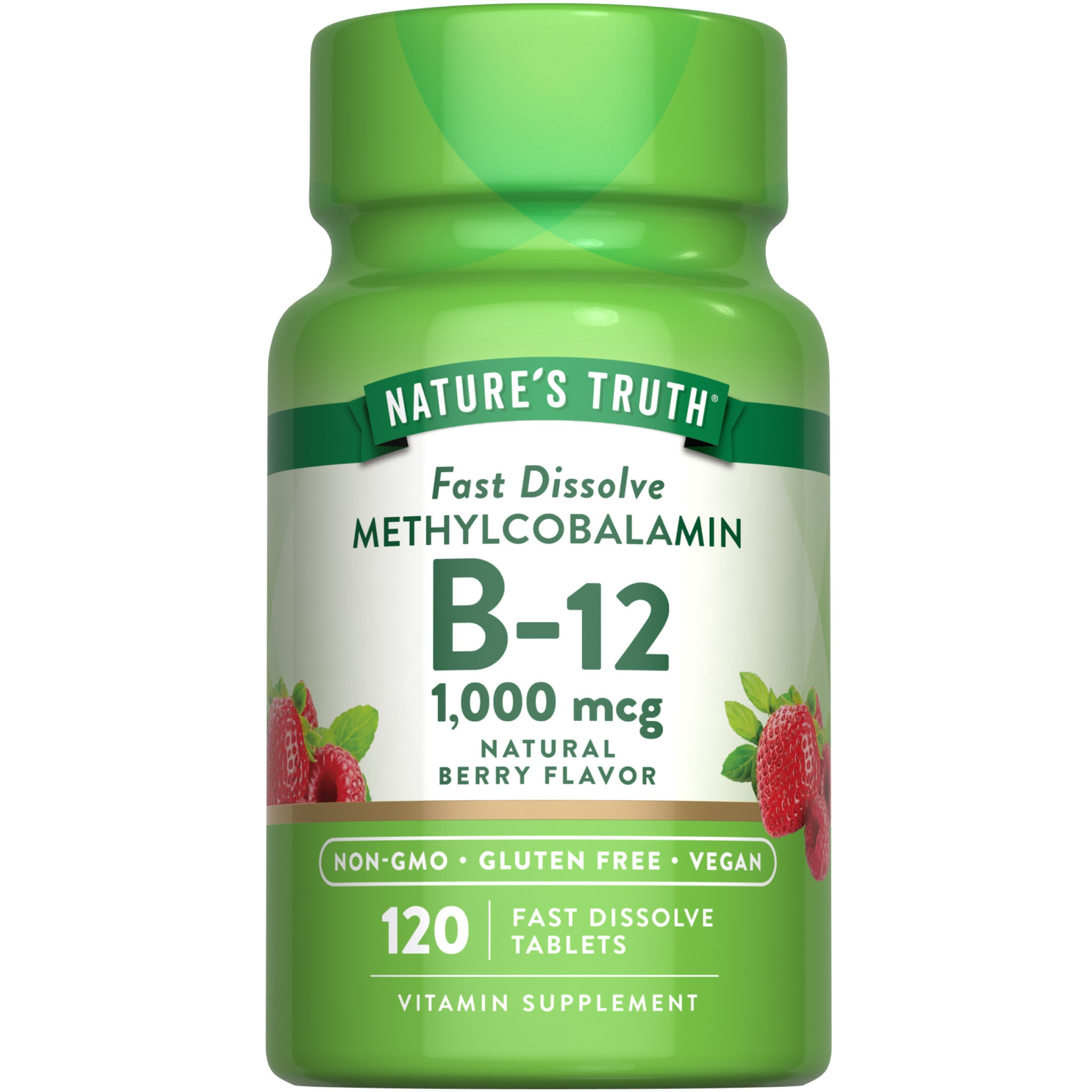 Fast Dissolve Methylcobalamin B-12 1,000 mcg, Natural Berry Flavor, 120 tablets. Non-GMO, Gluten-Free, Vegan supplement.