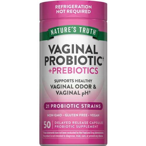 Vaginal Probiotic + Prebiotics, 50 Delayed Release Capsules. Supports healthy vaginal odor and pH. Non-GMO, Gluten Free, Vegan.