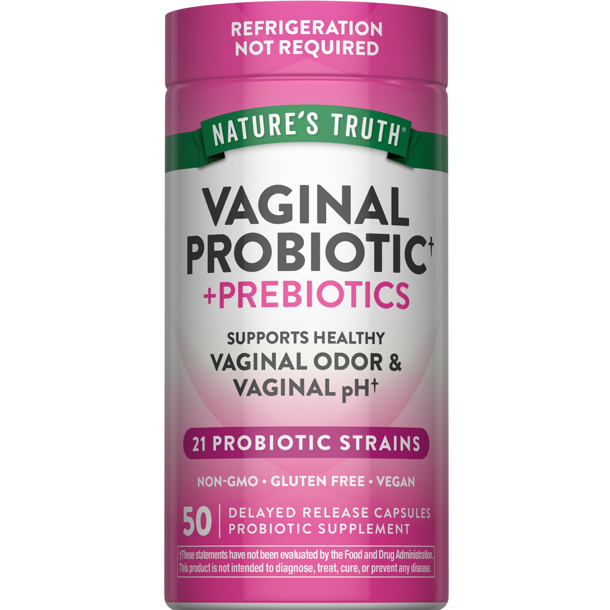 Vaginal Probiotic + Prebiotics, 50 Delayed Release Capsules. Supports healthy vaginal odor and pH. Non-GMO, Gluten Free, Vegan.