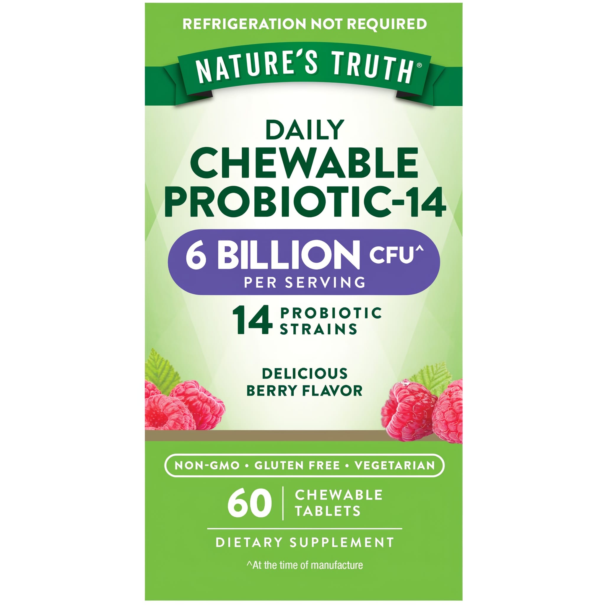 Nature's Truth Daily Chewable Probiotic-14 contains 6 Billion CFU and 14 strains in 60 chewable berry-flavored tablets.