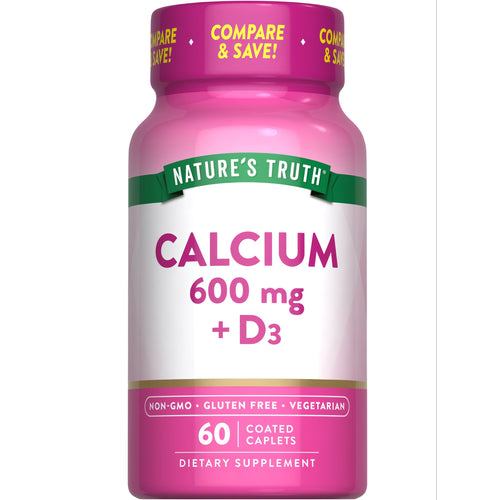 Bottle of Calcium 600 mg with Vitamin D3, containing 60 coated caplets, displayed on hand scale. Health supplement for bone support.