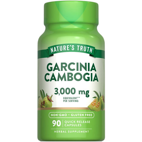 A bottle of Garcinia Cambogia capsules, 3,000 mg equivalent, with 90 quick release capsules on a scale.